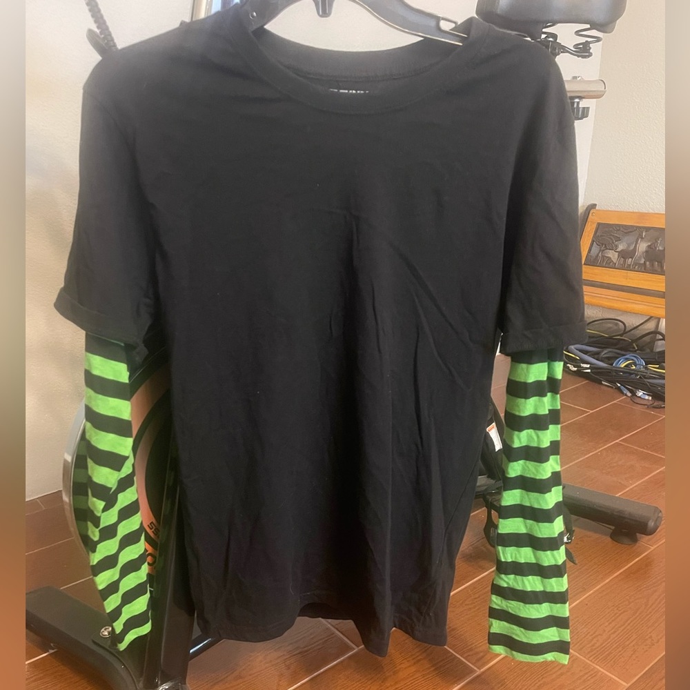 Hot Topic,  Size Small, Black with Green and black striped sleeves.  Worn once.